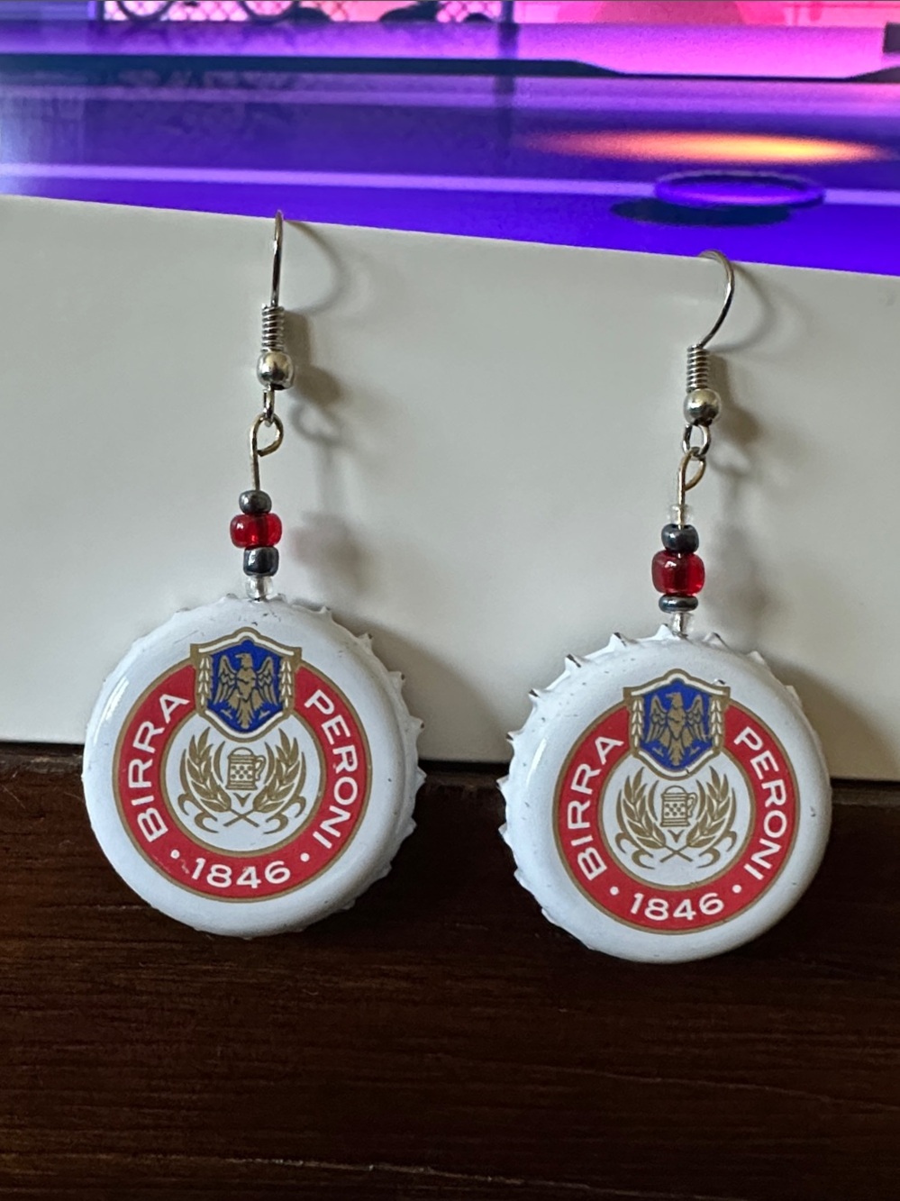 *PERONI* Handmade White & Red Logo Beer Bottle Cap Dangle Earrings